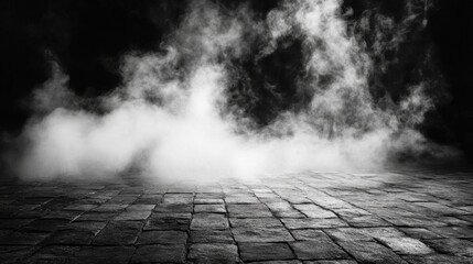Poster - Ethereal Fog and Mist Rolling Over a Dark Stone Floor Creating a Mysterious and Enigmatic Atmosphere Suitable for a Variety of Creative Projects