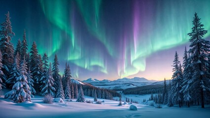 An enchanting snow-covered forest under the vibrant northern lights, capturing the beauty of winter tranquility and the magical glow of nature's colorful sky.