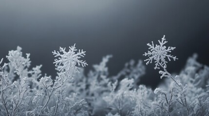 Poster - Delicate Snowflakes on Frosty Branches Captured in Elegant Winter Atmosphere with Soft Blurred Background Enhancing the Beauty of Nature's Icy Artwork