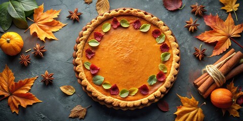 Poster - A freshly baked pumpkin pie decorated with autumn leaves and spices, a festive treat for the season.