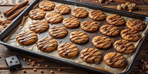 Poster - A baking sheet filled with freshly baked cookies, topped with rich chocolate stripes, and sitting on a rustic wooden surface.