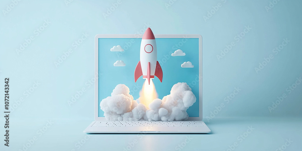 Rocket launching from laptop screen, symbolizing innovation and ...