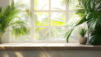 Poster - A window with a view of palm trees and a potted plant