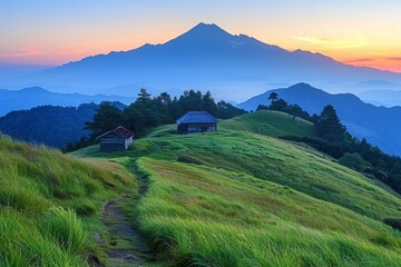 Rural Japanese mountain landscape with two small houses