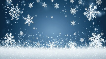 Poster - Beautiful Winter Background with Falling Snowflakes and Sparkling Snow on a Blue Background, Perfect for Seasonal Designs and Holiday Themes