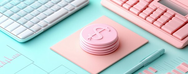 Poster - A colorful, modern desk setup featuring pastel keyboards and round coasters, creating a stylish and playful workspace aesthetic.