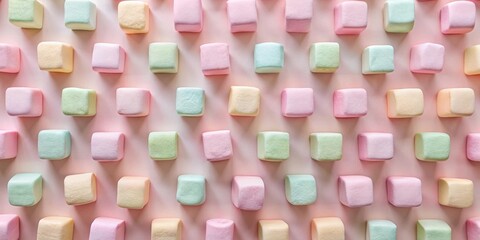 Poster - A delightful pattern of pastel-colored square marshmallows, arranged in a pleasingly symmetrical design on a soft pink backdrop.