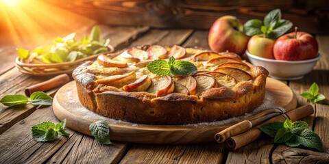 Aufkleber - A Warm Apple Pie with a Golden Crust and a Sprinkle of Powdered Sugar, Nestled on a Wooden Board Surrounded by Fresh Mint Leaves and Cinnamon Sticks