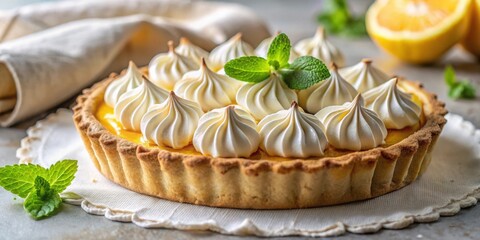 Poster - A delightful citrus tart topped with fluffy meringue swirls and a garnish of fresh mint leaves,  a tempting treat for any occasion.
