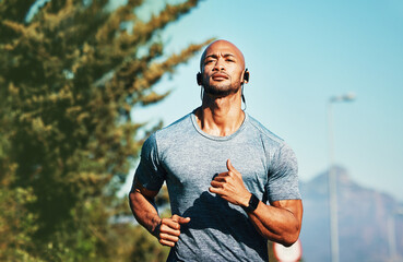 fitness, man and outdoor with music for running, workout and cardio exercise in brazil. sports perso