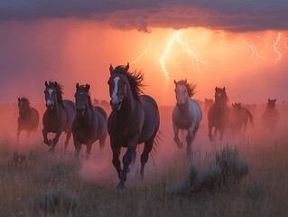 Naklejka na meble A herd of horses run through a field as lightning strikes in the distance during a dramatic sunset.