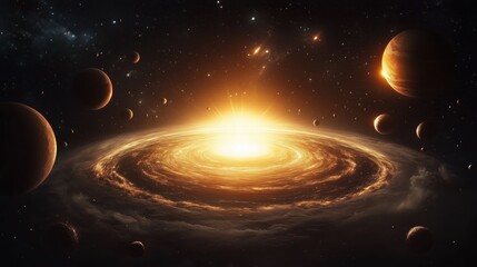 Wall Mural - A spiral galaxy with planets orbiting around a central star in space