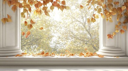 Poster - A window with a view of trees and leaves falling