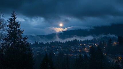 Poster - A moon is shining in the sky over a forest