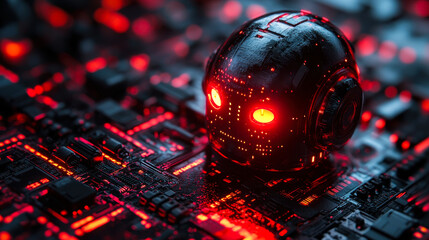 Poster - evil robot concept depicting rogue ai risk with malicious code in futuristic technology