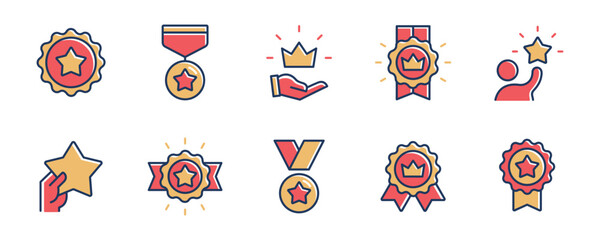 success achievement badge award icon set winner medal certified gold premium ribbon reward emblem signs vector illustration