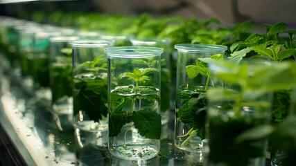 Wall Mural - Lush green plants growing in water glasses for hydroponics