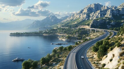 Poster - A long road with a bridge and a mountain range in the background