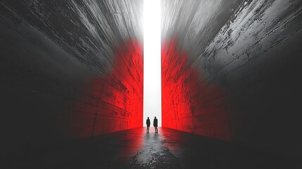 Wall Mural - minimalist black and red structure featuring two silhouetted figures illuminated by a bright vertica