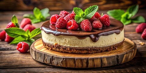 Poster - A Creamy Cheesecake Topped with a Rich Chocolate Glaze and Fresh Raspberries, All Presented on a Rustic Wooden Cutting Board