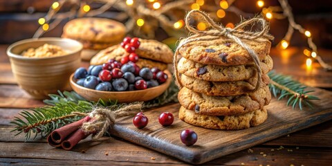 Poster - A Stack of Homemade Cookies Tied with Twine, Surrounded by Berries and a Rustic Wooden Background with Festive Lights