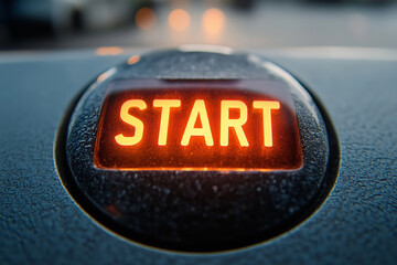 Engine start button glowing brightly on an isolated background for clear focus