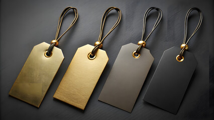 Gold and Black Shopping Tags on Matte Black Background. Perfect for: Black Friday, Luxury Retail