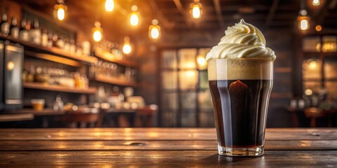 Aufkleber - A glass of dark beer with a thick layer of creamy foam on a wooden countertop in a dimly lit bar