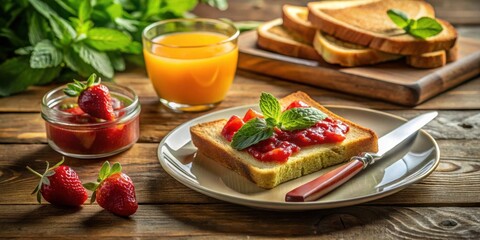 Poster - A Rustic Breakfast Table with Toast Topped with Strawberry Jam, Fresh Mint, and a Glass of Orange Juice
