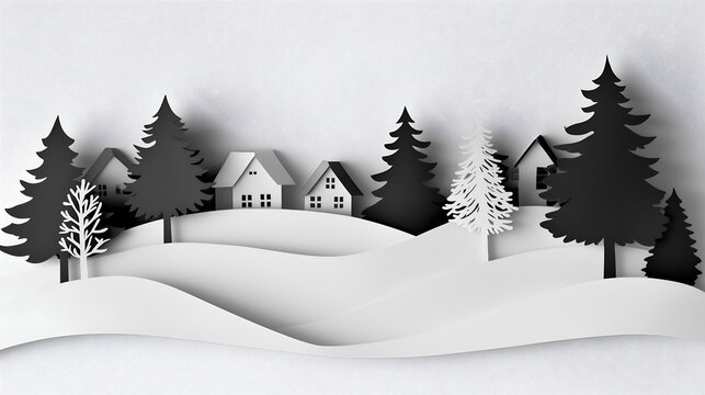 Black and white paper cutout of trees, a snow-covered landscape with houses in the background