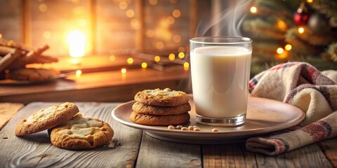 Poster - A glass of milk with steam rising, a plate of cookies, and a warm blanket sitting on a wooden table in front of a fireplace with a cozy Christmas tree in the background.