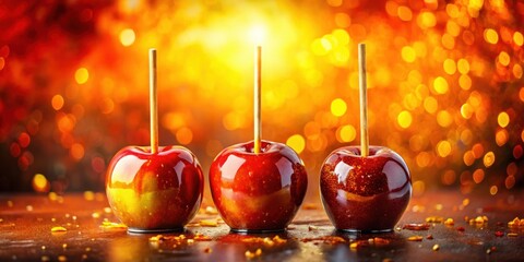 Poster - Three Shiny Red Candy Apples On A Wooden Surface With A Blurry Background Of Warm Lights