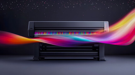 Poster - High-Resolution Printer with Vibrant Color Stream Against a Dark Background Showcasing Modern Printing Technology and Creative Design Applications