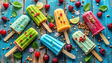 Aufkleber - A collection of colorful popsicles on a wooden surface with a scattering of fruit and nuts