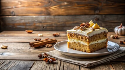 Wall Mural - A Single Slice of Delicious Cake Decorated with Almonds and Star Anise on a Rustic Wooden Table