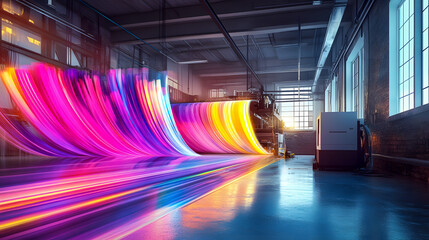 Poster - Colorful Light Waves Flowing Through a Modern Industrial Space with Vibrant Patterns and Soft Reflections on the Floor Illuminating the Room