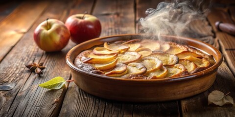 Aufkleber - A warm, freshly baked apple pie with a rustic wooden table setting and steam rising from the crust