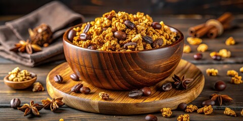Poster - A wooden bowl filled with coffee granola, surrounded by coffee beans, star anise, and cinnamon sticks on a rustic wooden table