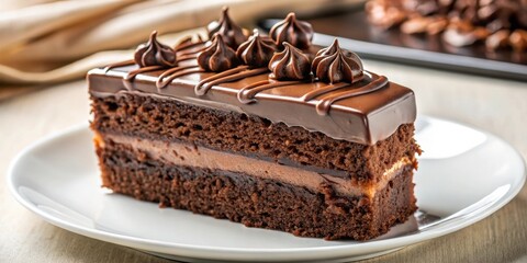 Poster - A decadent chocolate cake slice layered with rich frosting and topped with swirls of ganache, a true indulgence for any sweet tooth.