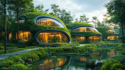 Poster - Illuminated futuristic green city with lush vegetation and flowing waterways