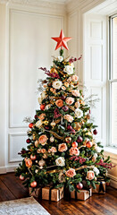 Poster - Elegant Christmas Tree with Floral Decorations in a Sunlit Room