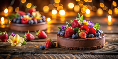 Poster - A decadent chocolate cake adorned with fresh strawberries, blueberries, and vibrant flowers, creating a visually captivating dessert experience