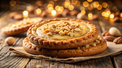 Aufkleber - Golden Crust Pastry Topped with Chopped Nuts and White Chocolate Drizzle on a Rustic Wooden Background