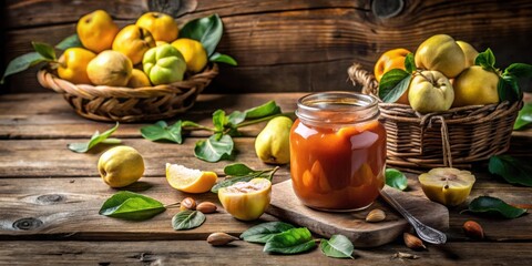 Poster - Homemade Quince Jam in a Glass Jar with Fresh Quince Fruit and Leaves on a Rustic Wooden Table