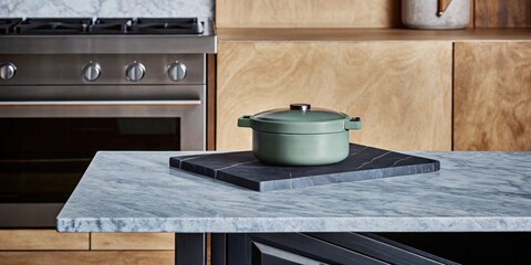 Modern kitchen with marble countertop and pot on the stove