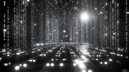 Poster - Abstract digital tunnel with streaming white binary code, creating a futuristic and high-tech atmosphere