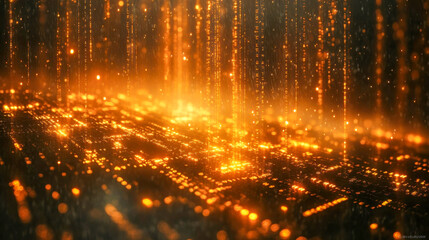 Poster - Vibrant, golden streams of binary data flow vertically, evoking an advanced digital network concept with a sense of motion