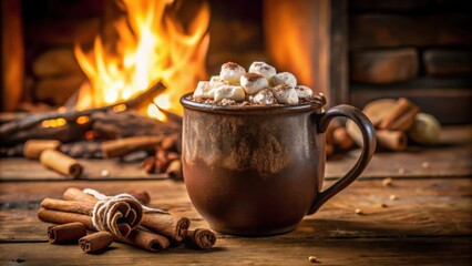 Poster - A rustic mug filled with hot chocolate and marshmallows, resting on a wooden table in front of a crackling fireplace, with cinnamon sticks scattered nearby.