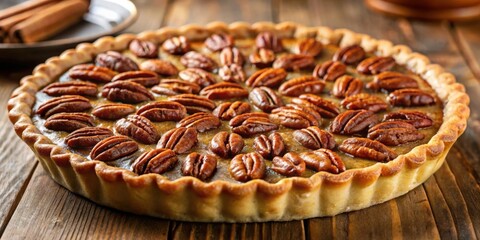 Aufkleber - A freshly baked pecan pie, adorned with a generous layer of toasted pecans, sits on a rustic wooden surface, ready to be sliced and enjoyed.