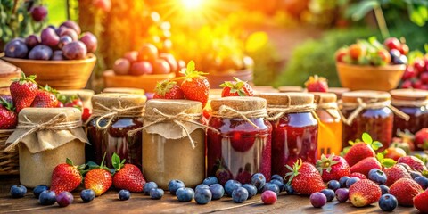 Poster - A Row of Rustic Jars Filled With Homemade Fruit Preserves, A Colorful Display of Summer's Harvest